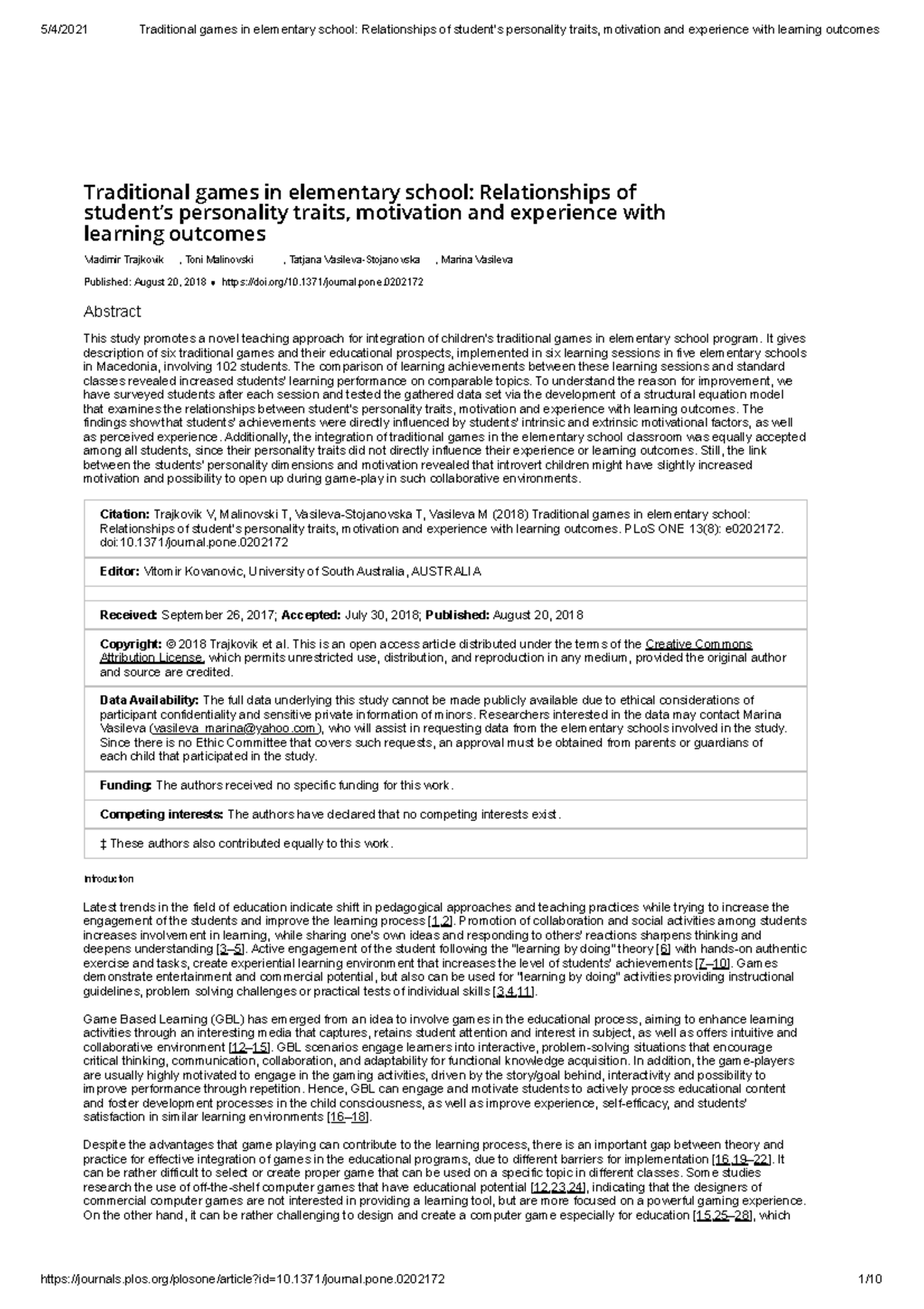 Traditional games in elementary school Relationships of student s ...