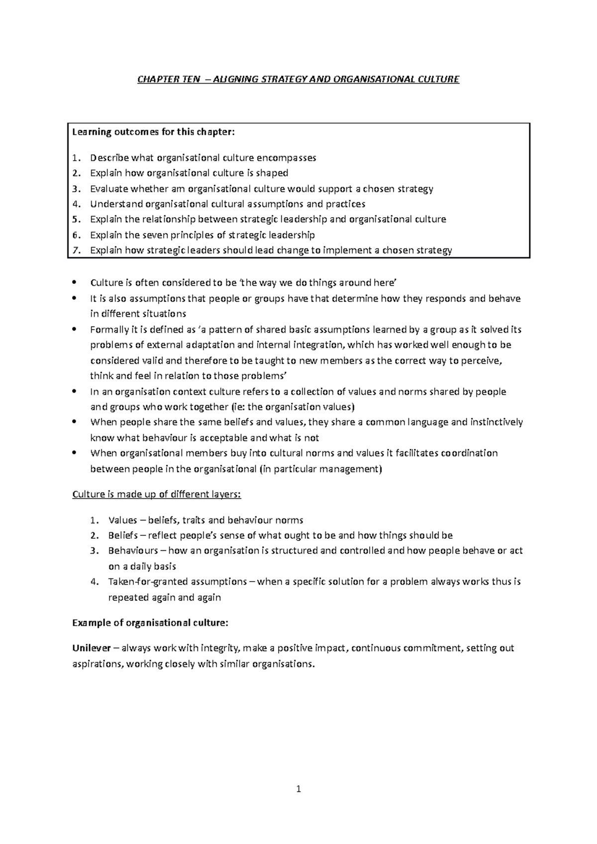 Notes Strategy Ch 10 - CHAPTER TEN – ALIGNING STRATEGY AND ...