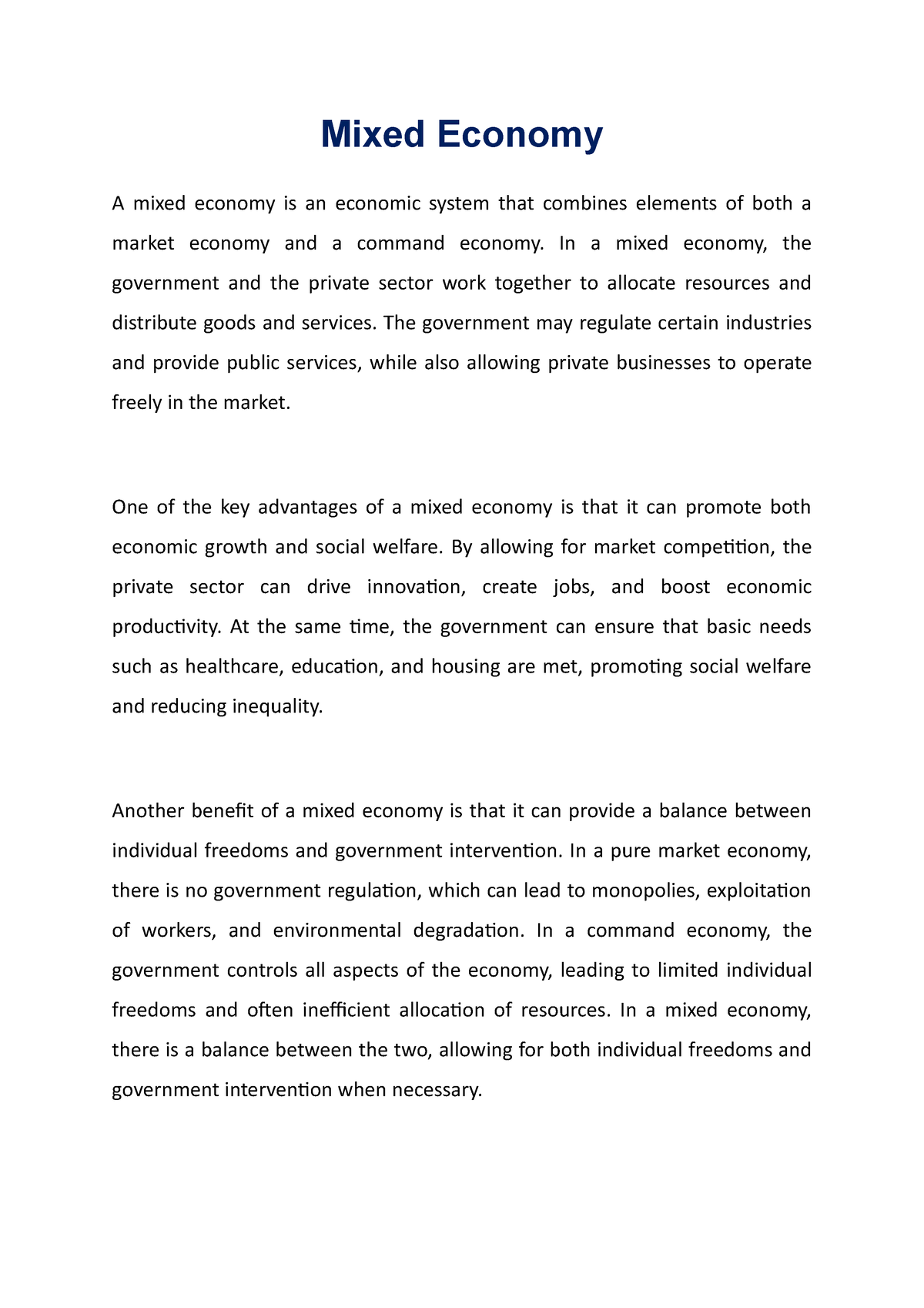 economics essay mixed economy