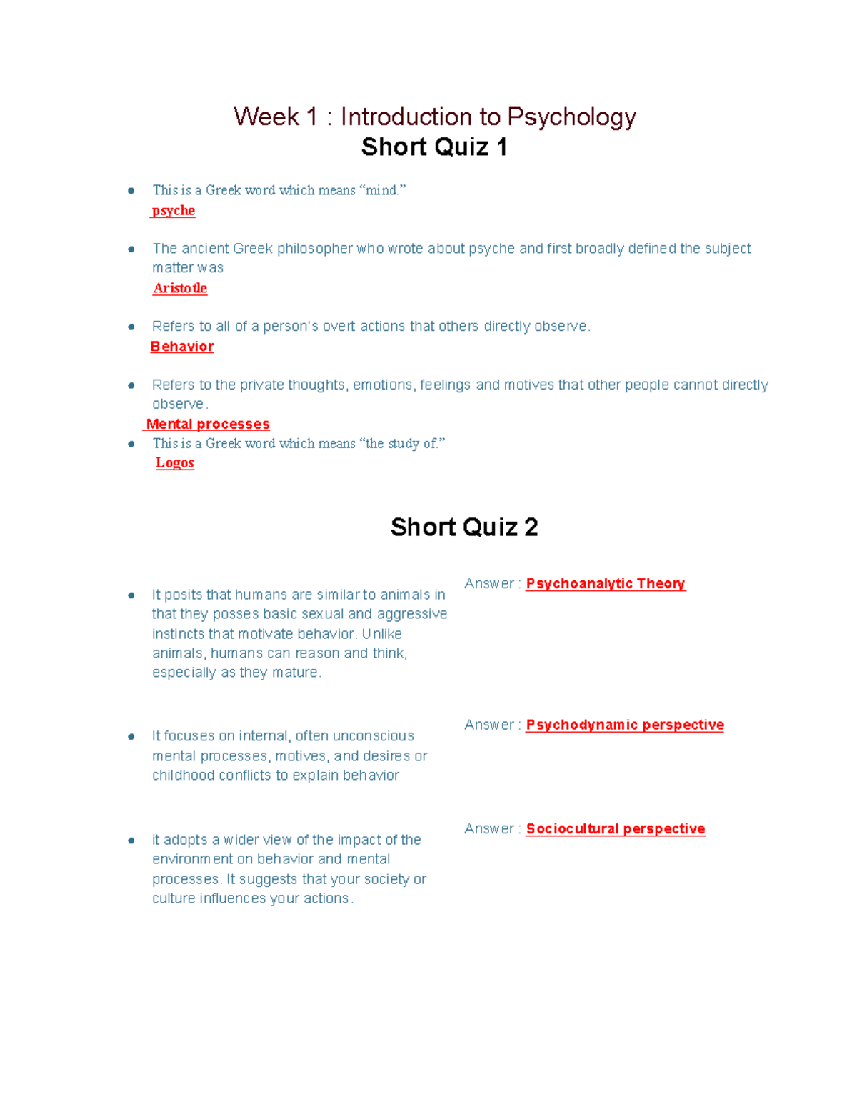 Pdfcoffee Week 1 Introduction To Psychology Short Quiz 1 This Is A 