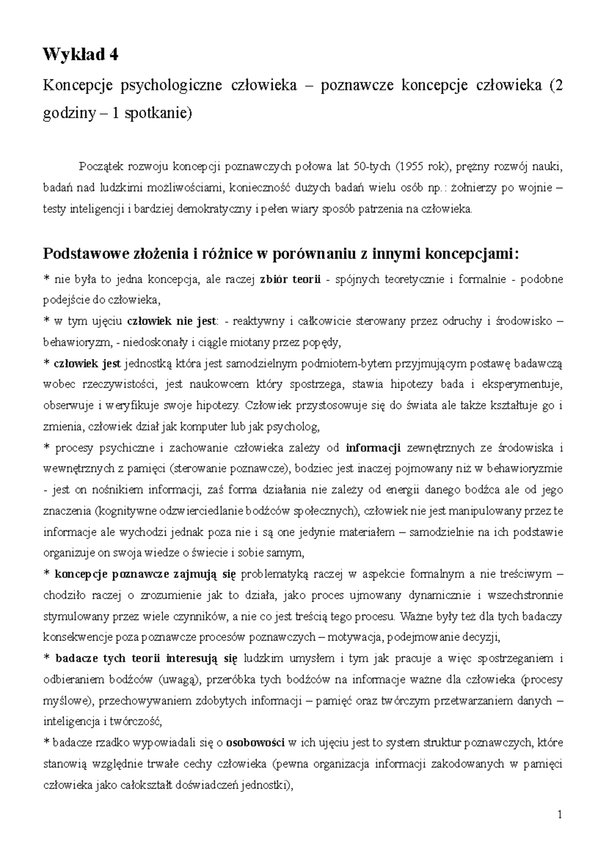 Wykład 4 - Proszę - Wykład 4 Koncepcje psychologiczne człowieka