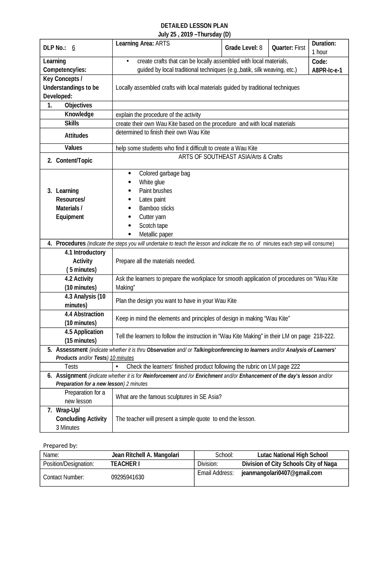 6 A8PR-Ic-e-1 - lesson plan for mapeh - DETAILED LESSON PLAN July 25 ...