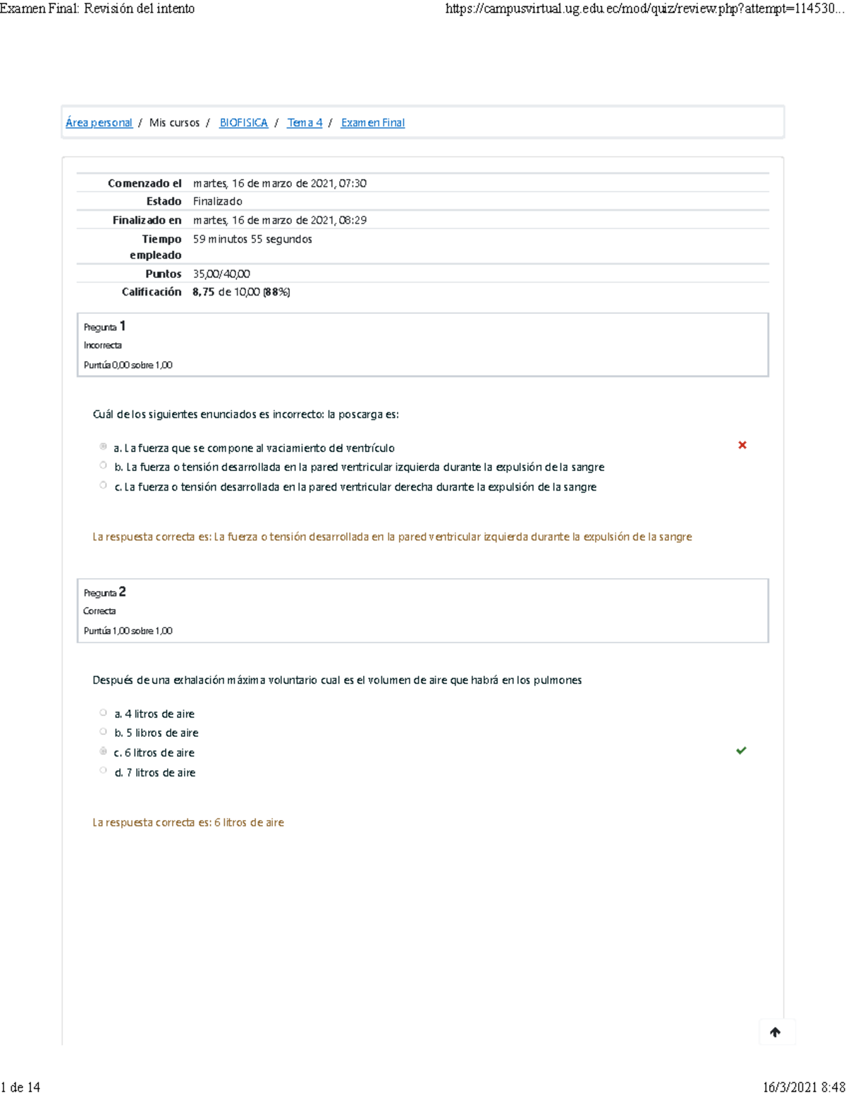 Examen Final De Biofisica Revisión Del Intento - Comenzado El Martes ...