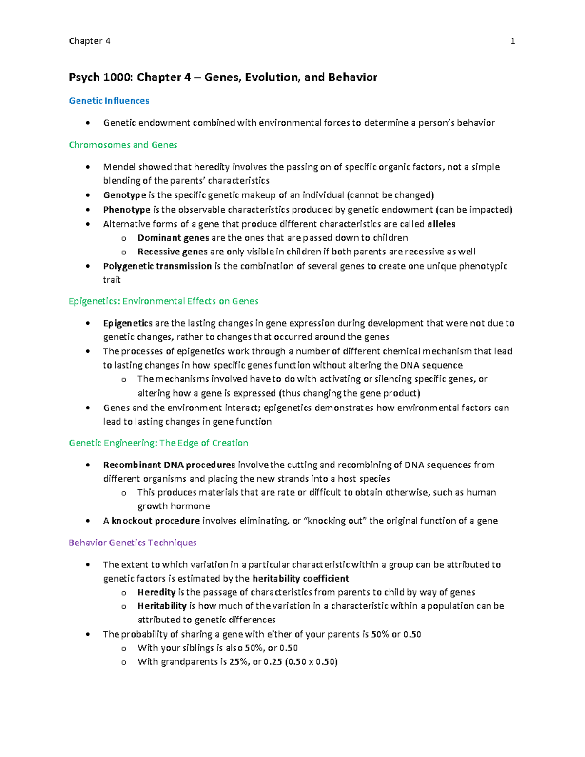 Chapter 4 - notes for bio - Psych 1000: Chapter 4 – Genes, Evolution ...