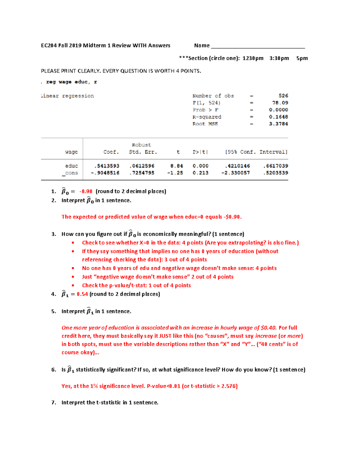 Midterm Review Fall 2019 Final (Wooldridge Ch 1-4) WITH answers - EC204 ...