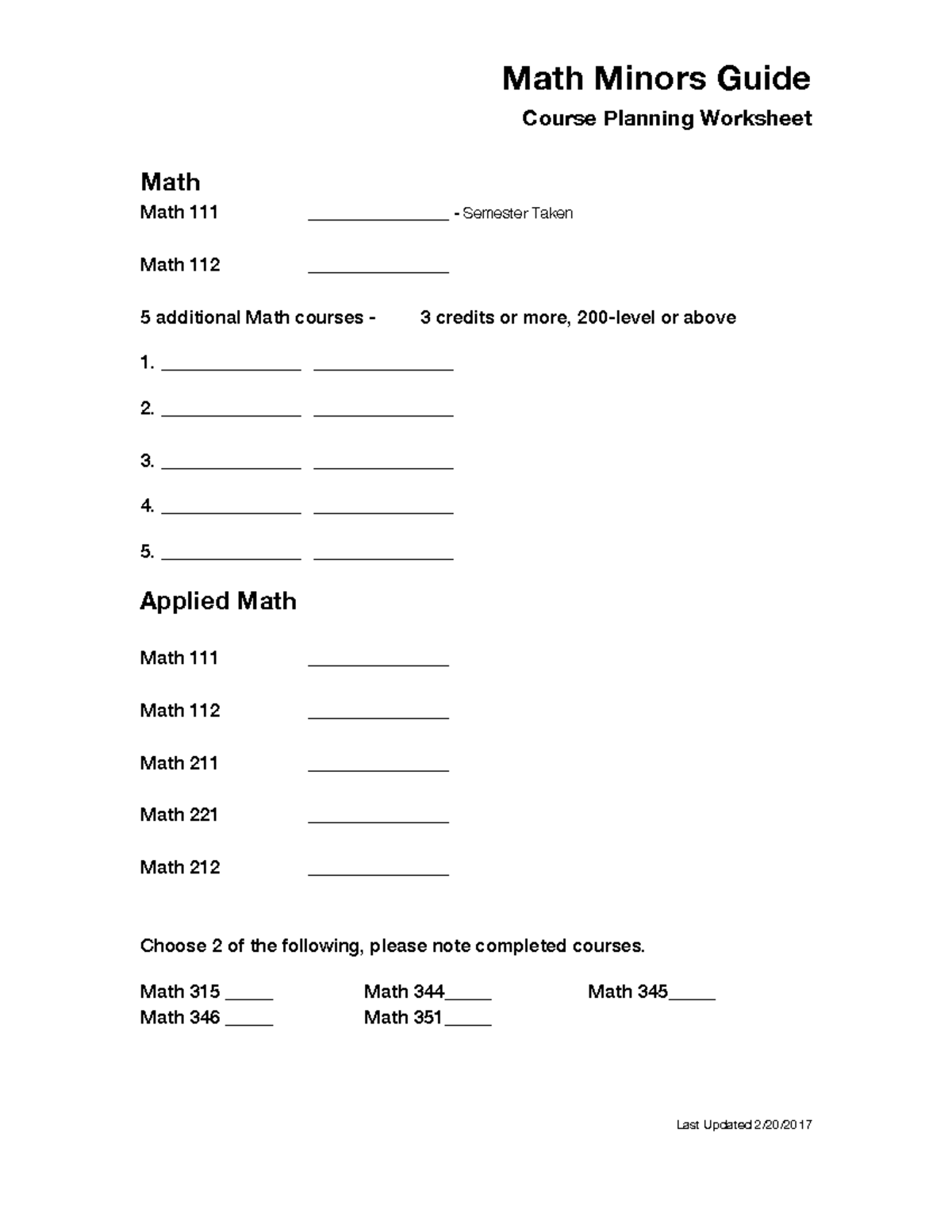 Math Minors Guide Math major/minor progression Math Minors Guide
