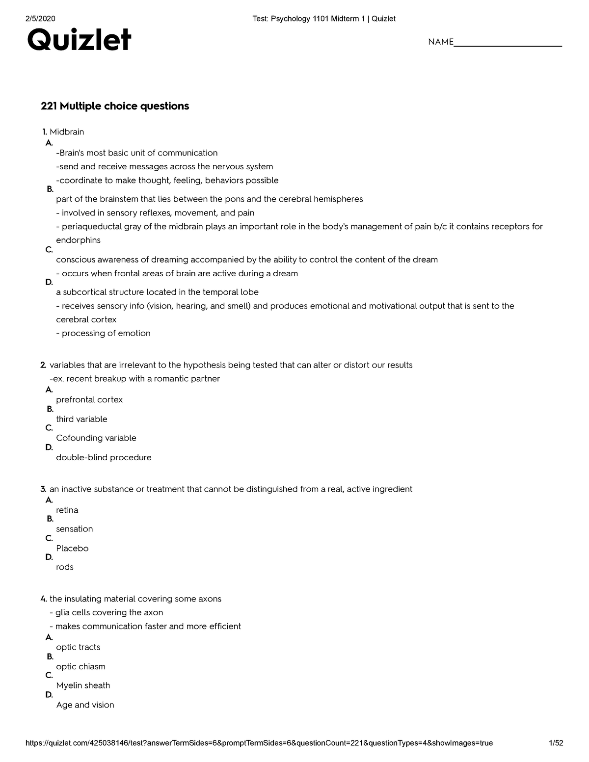 Test Psychology 1101 Midterm 1 Quizlet 221 Multiple choice questions