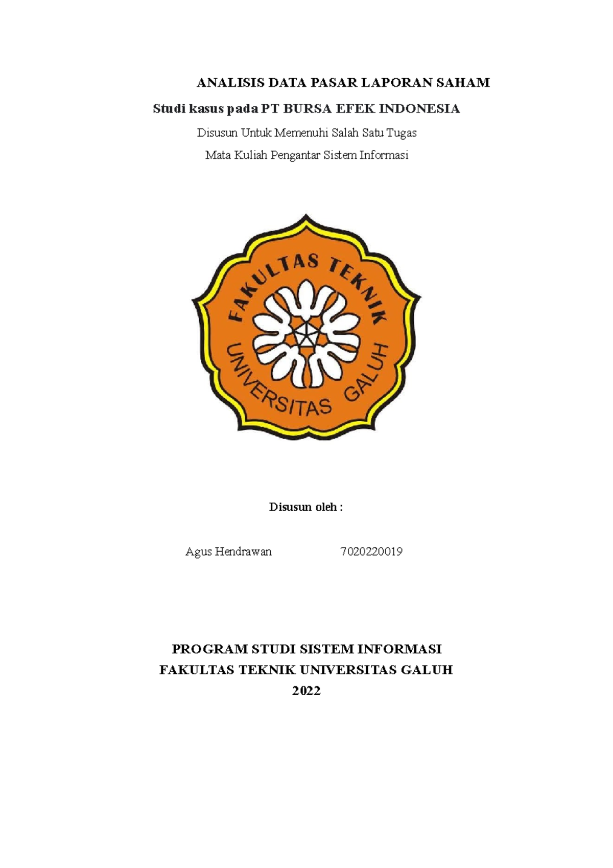 Analisis DATA Pasar Laporan Saham 702022001 9 Agus Hendrawan - ANALISIS ...