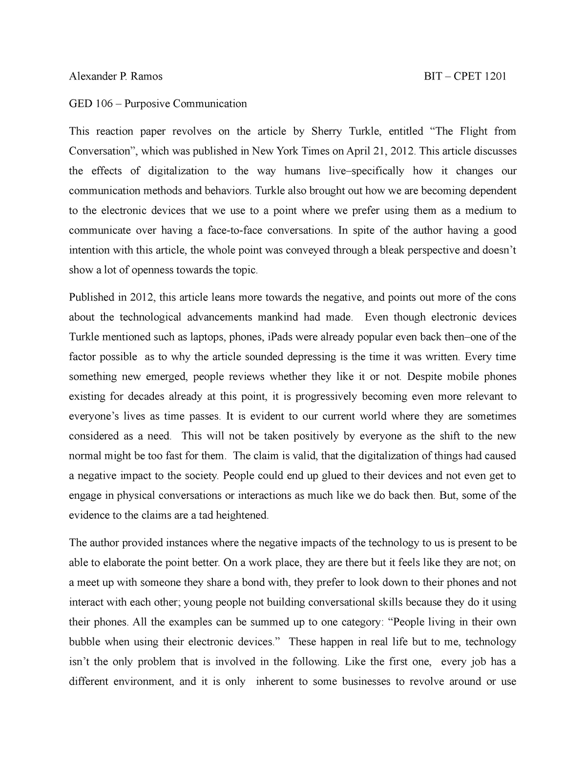 Reaction Paper - PE EDUCATION - Alexander P. Ramos BIT – CPET 1201 GED ...
