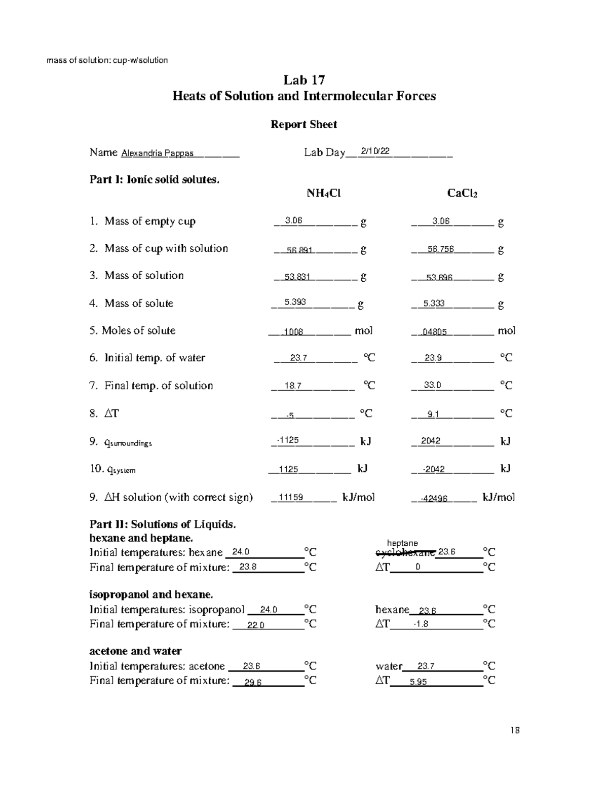 Lab 17 Q - Lab - 18 Lab 17 Heats of Solution and Intermolecular Forces ...
