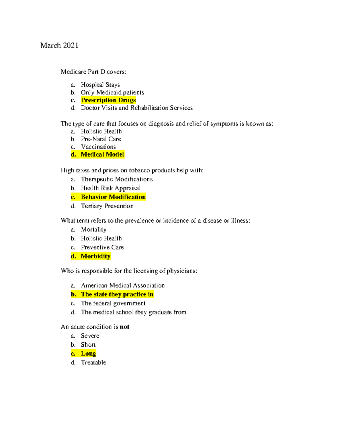 Medicare Practice Quiz 2 - March 2021 Medicare Part D Covers: A ...