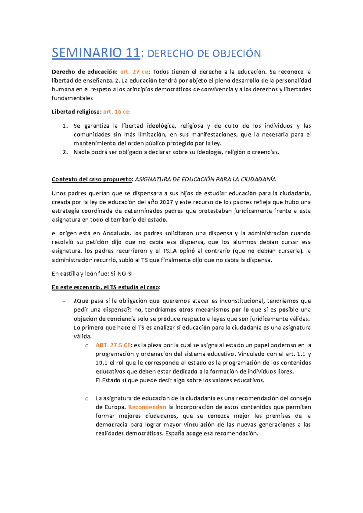 Seminario 11 - Objeción de conciencia - SEMINARIO 11 : DERECHO DE ...