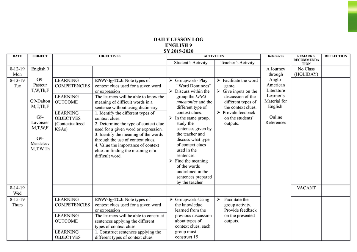 Sample Contextualized And Localized Lesson Plan In English - Printable ...