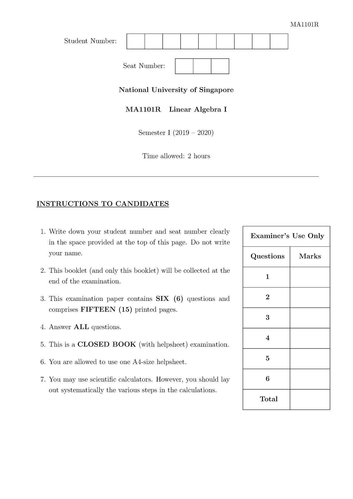 Exam1920Sem1 - exam papers - MA1101R Student Number: Seat Number ...