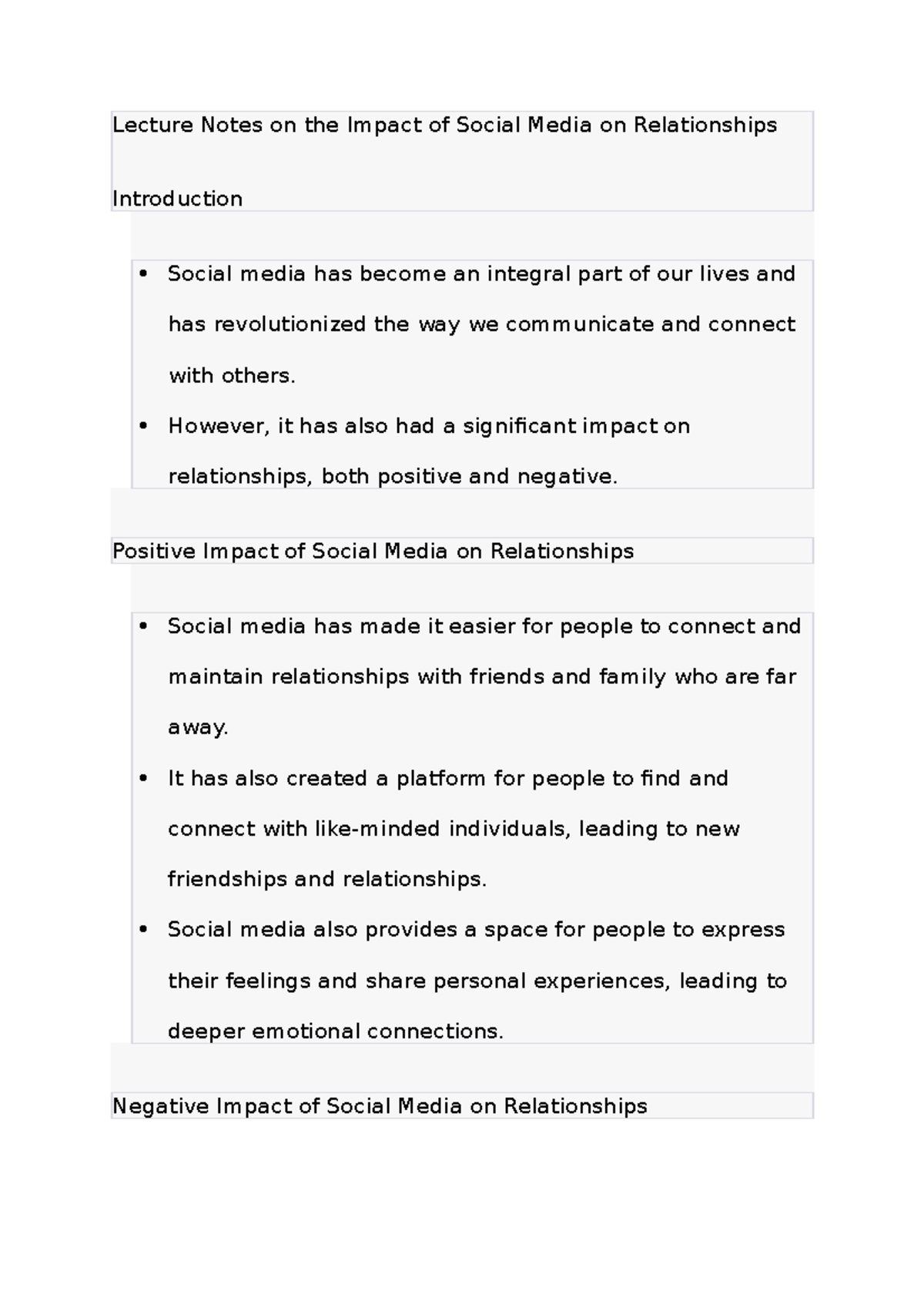 Lecture Notes on the Impact of Social Media on Relationships - Lecture ...
