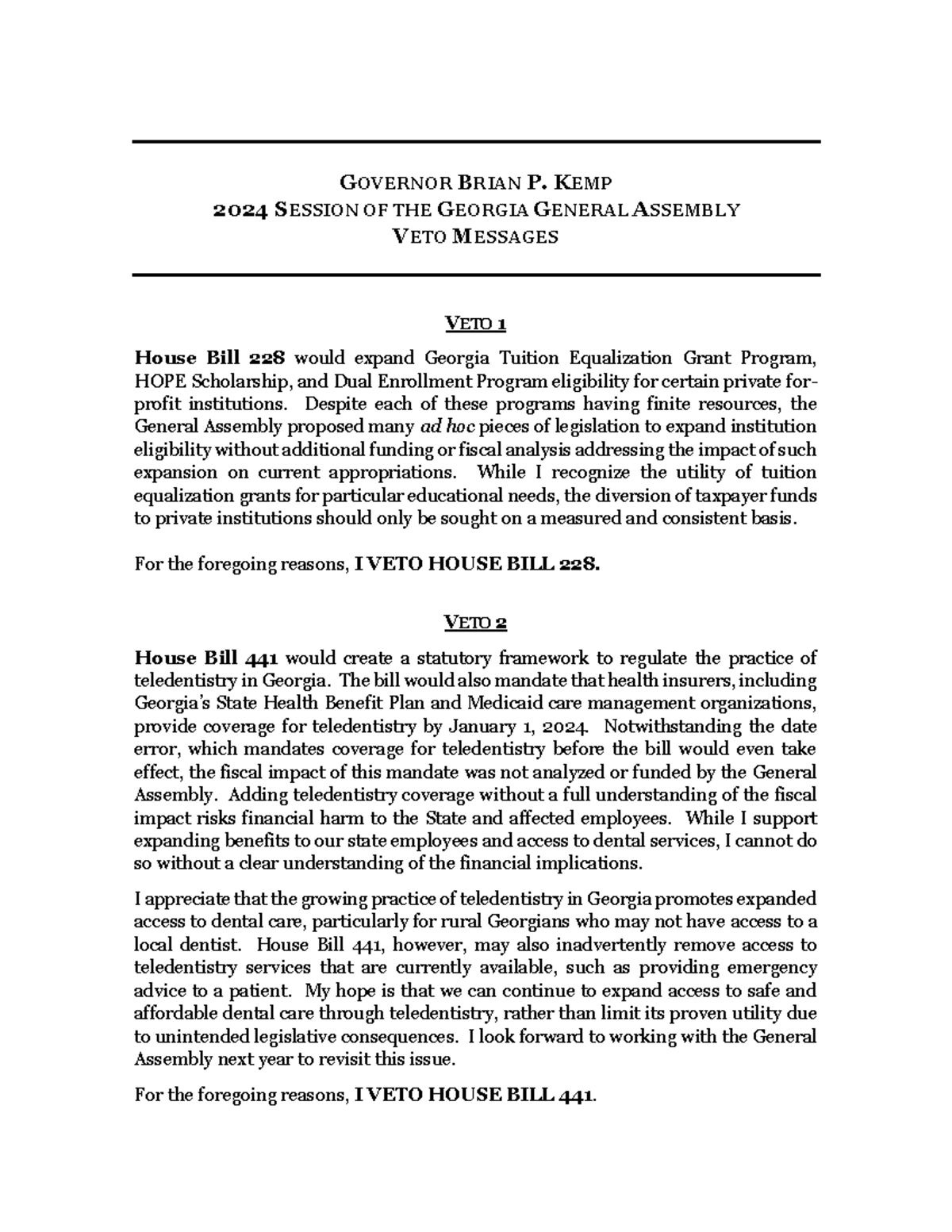 Veto Statements 2024 Final - GOVERNOR BRIAN P. KEMP 2024 SESSION OF THE ...