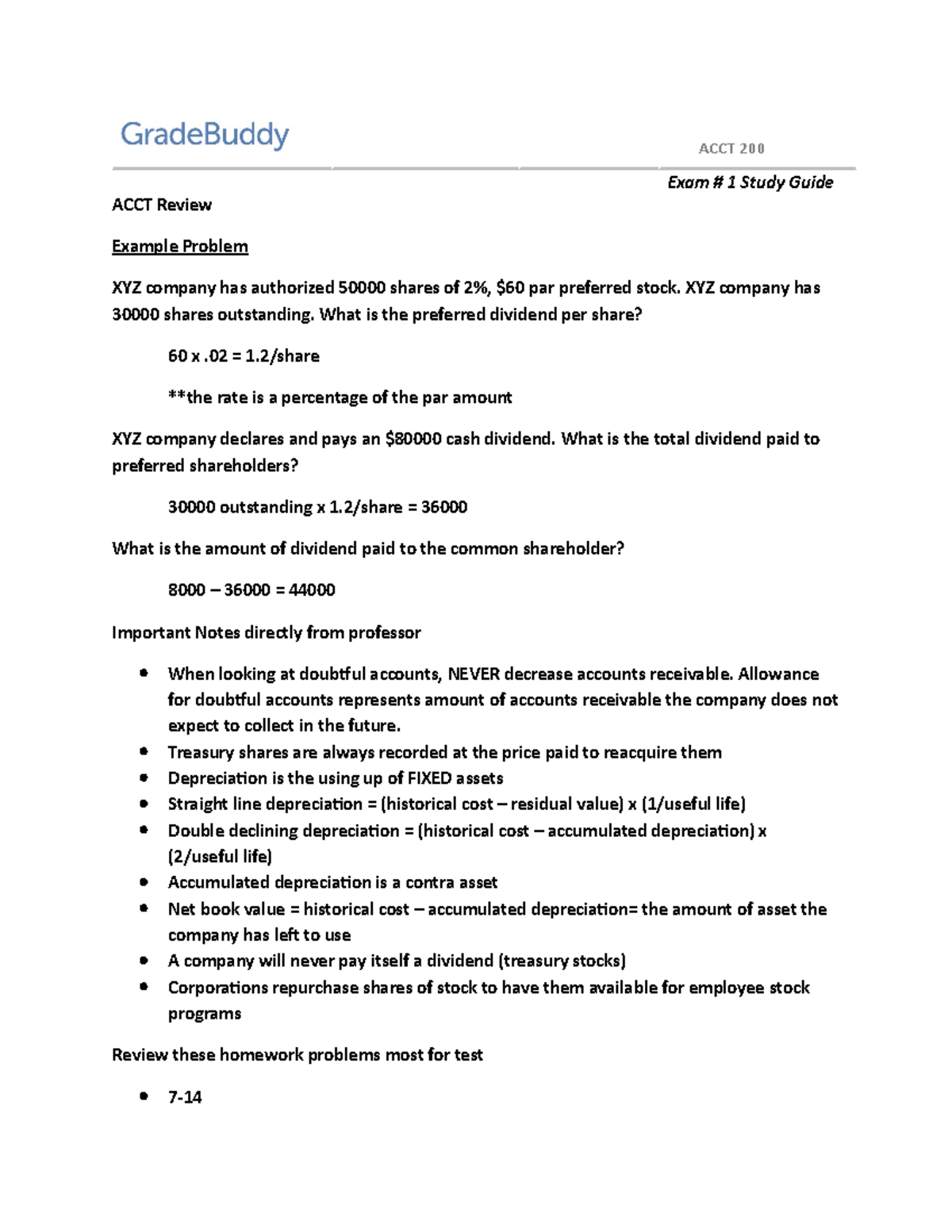 Exam 2 study guide - ACCT 200 ACCT Review Exam # 1 Study Guide Example ...