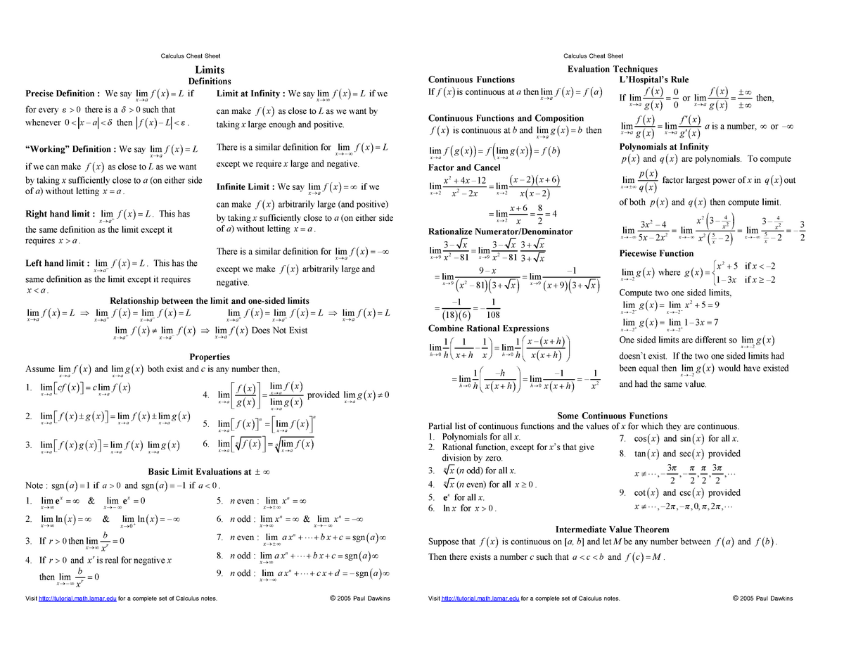 Calculus Cheat Sheet Limits Reduced Calculus Cheat Sheet Visit Http Tutorial Studocu