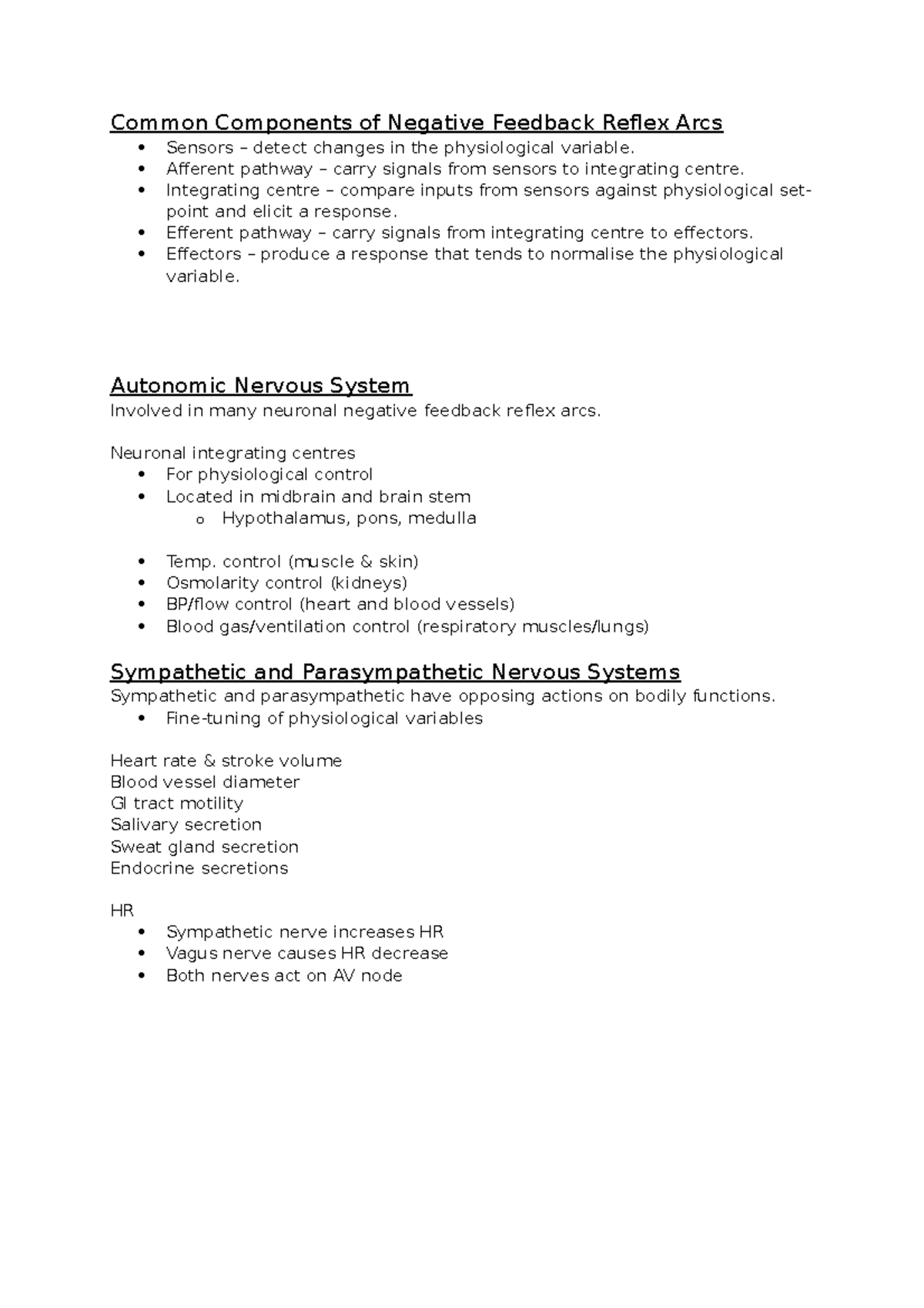Common Components of Negative Feedback Reflex Arcs - Afferent pathway ...