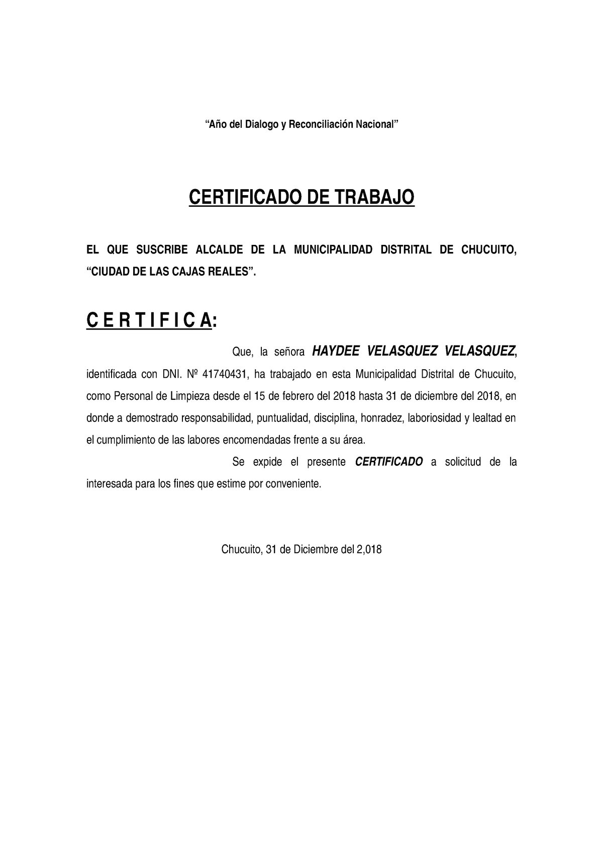 Certificado de trabajo - “Año del Dialogo y Reconciliación Nacional ...