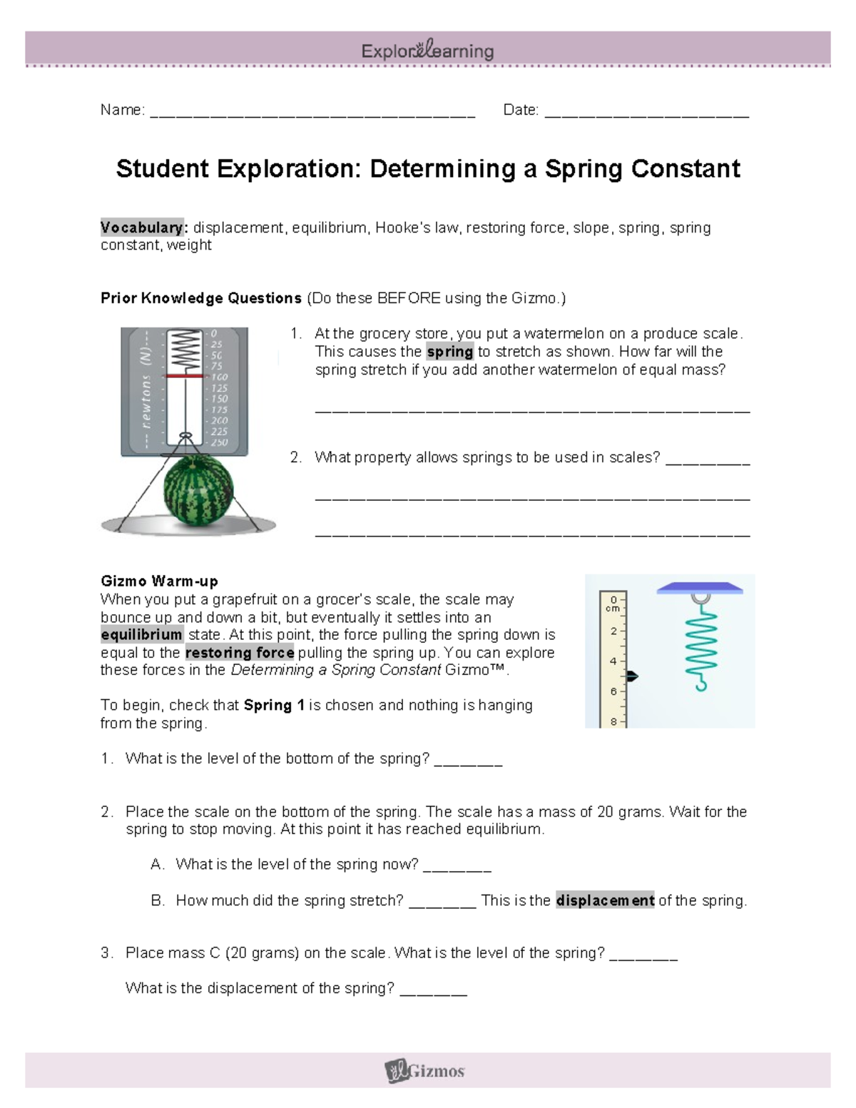 Determining Spring Constant SE - Name ...