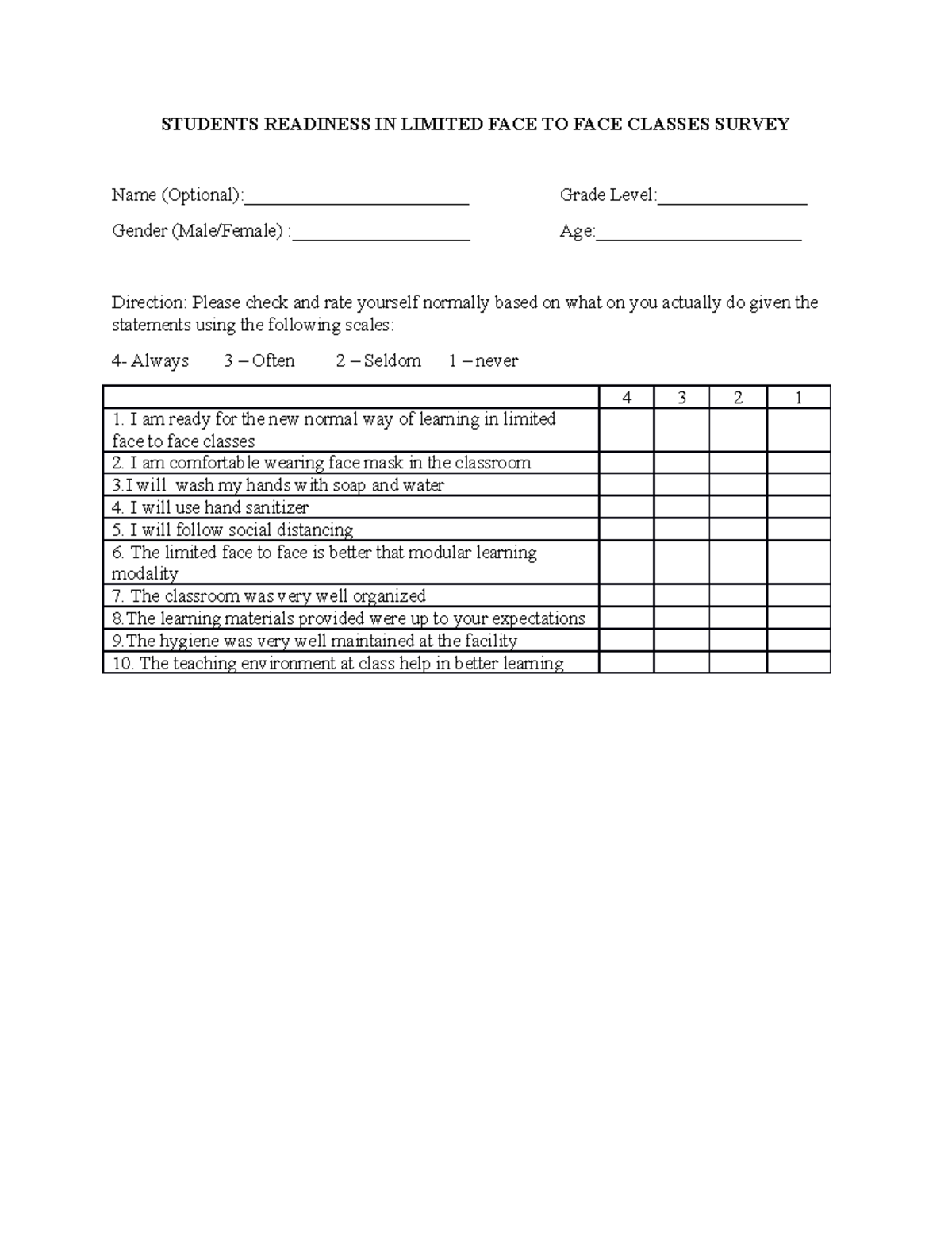 quantitative research title about face to face classes