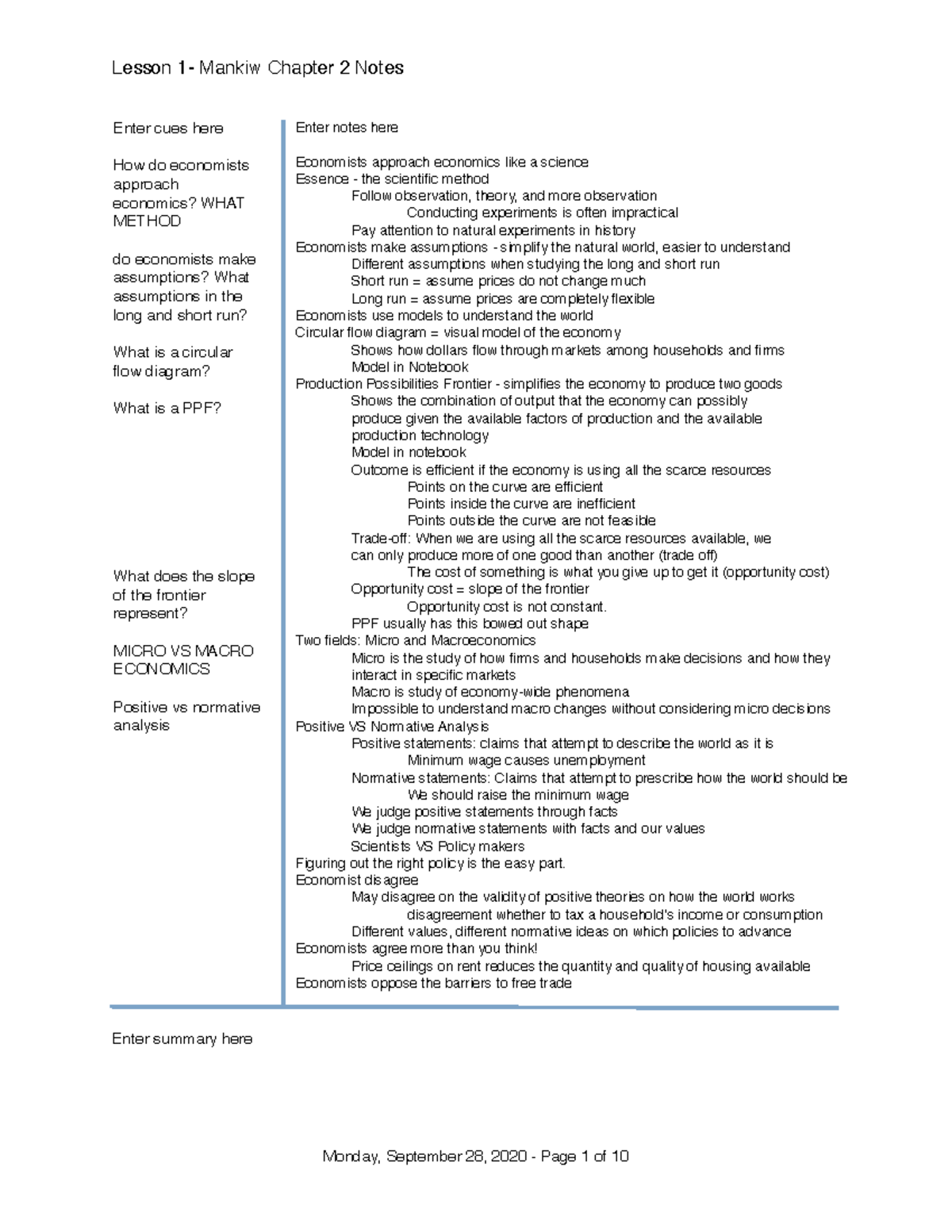 MANKIW Chapter 2 Notes - Enter summary here Enter cues here How do ...
