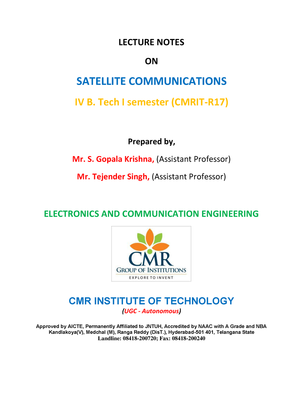 Satellite Communication Notes Unit 1 to 3 LECTURE NOTES ON