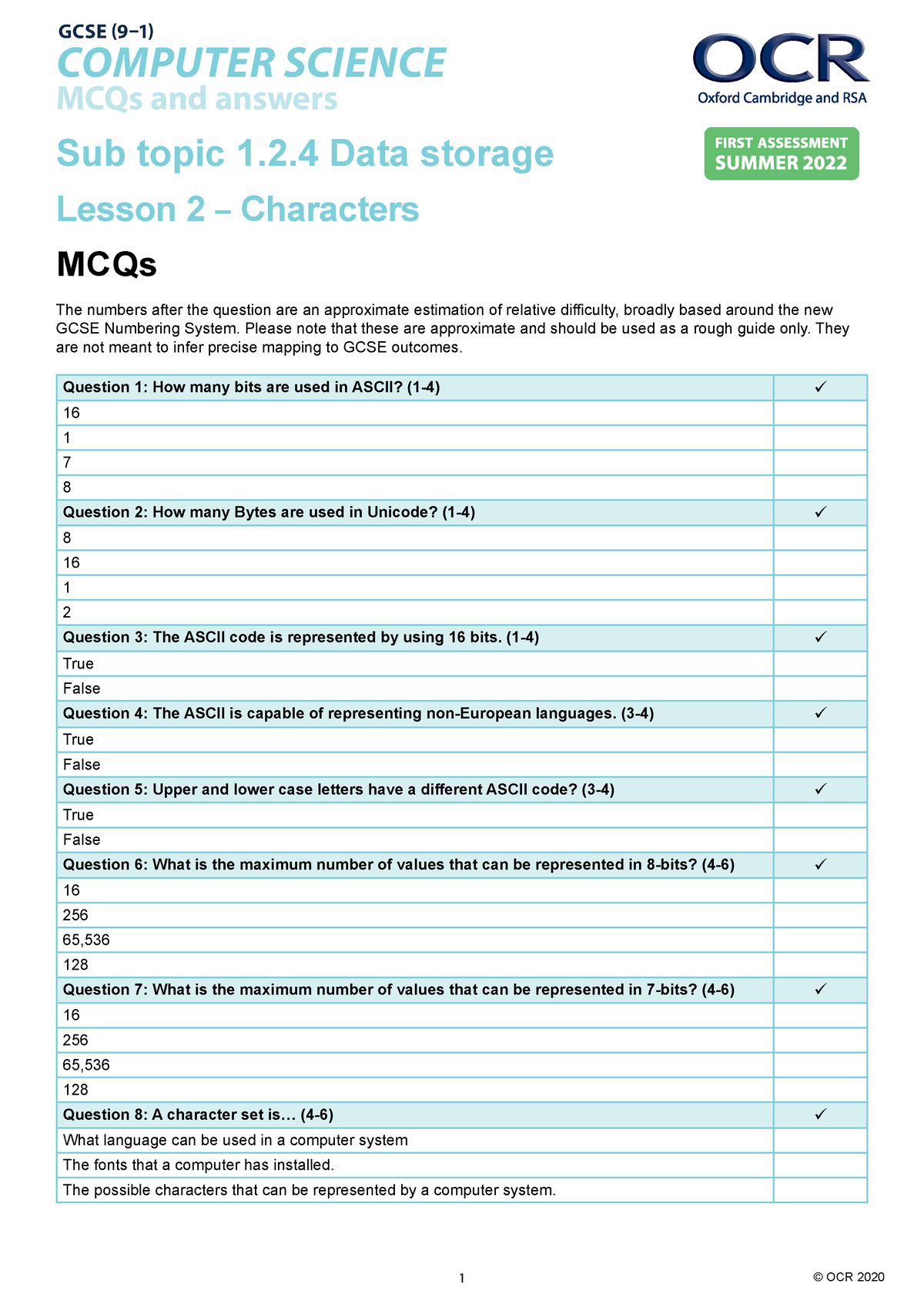 05 Data Storage L2 MCQs v1 COMPUTER SCIENCE MCQs and answers MCQs