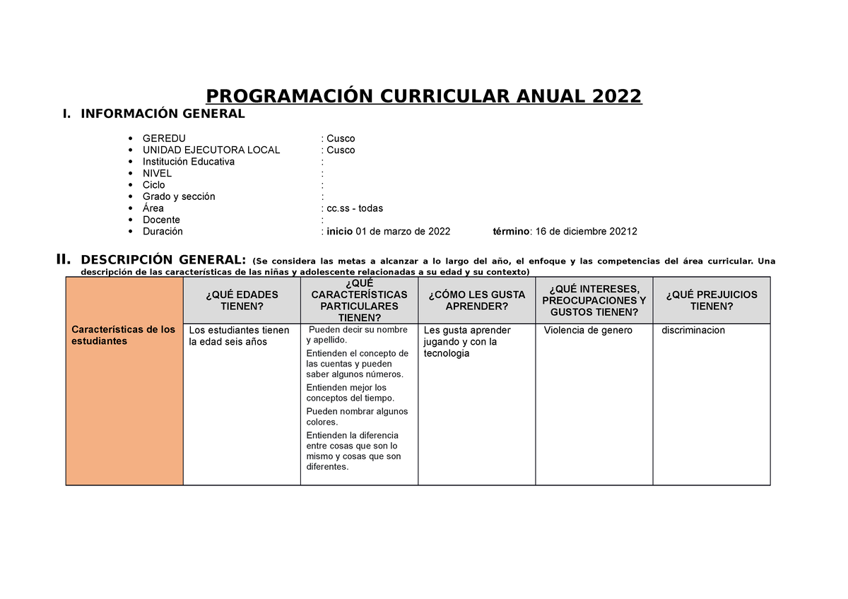 Programación Curricular Anual 2022 - PROGRAMACIÓN CURRICULAR ANUAL 2022 ...