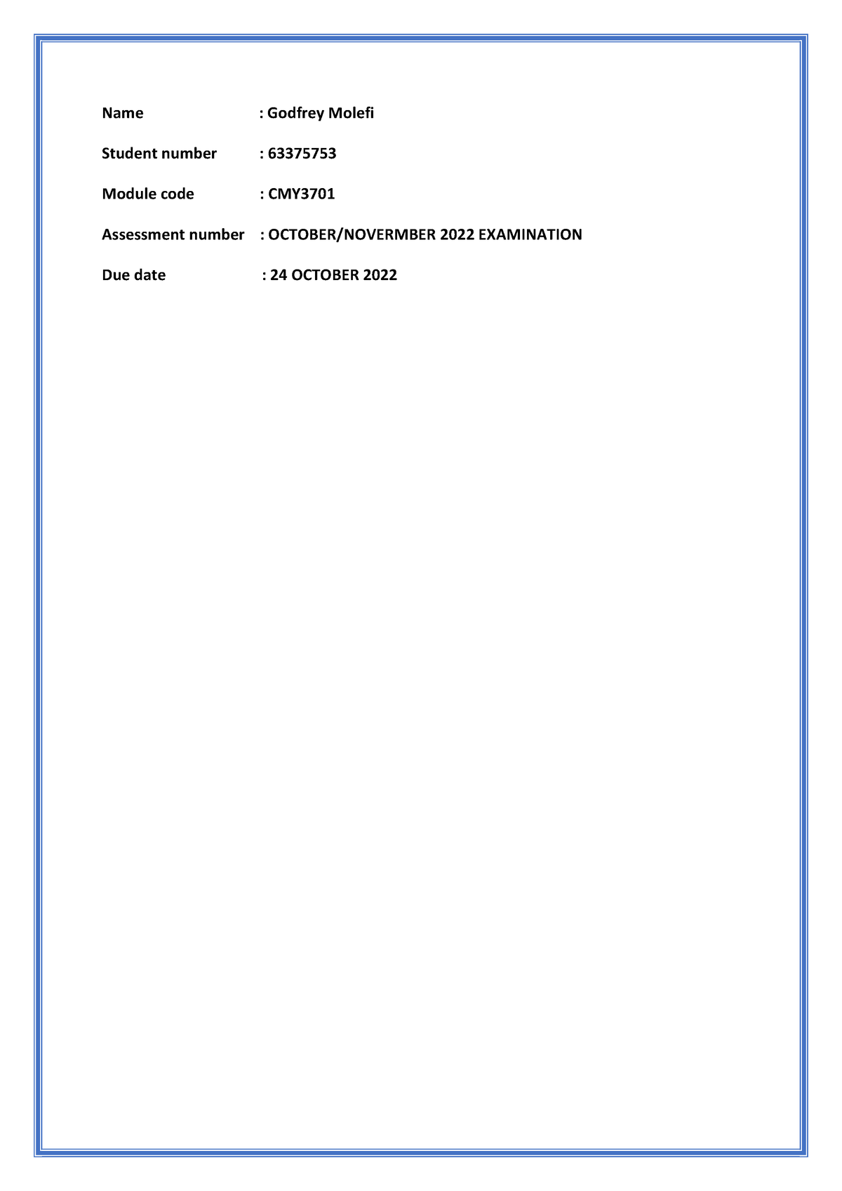 Revised EXAM CMY3701 - essay - Name : Godfrey Molefi Student number ...