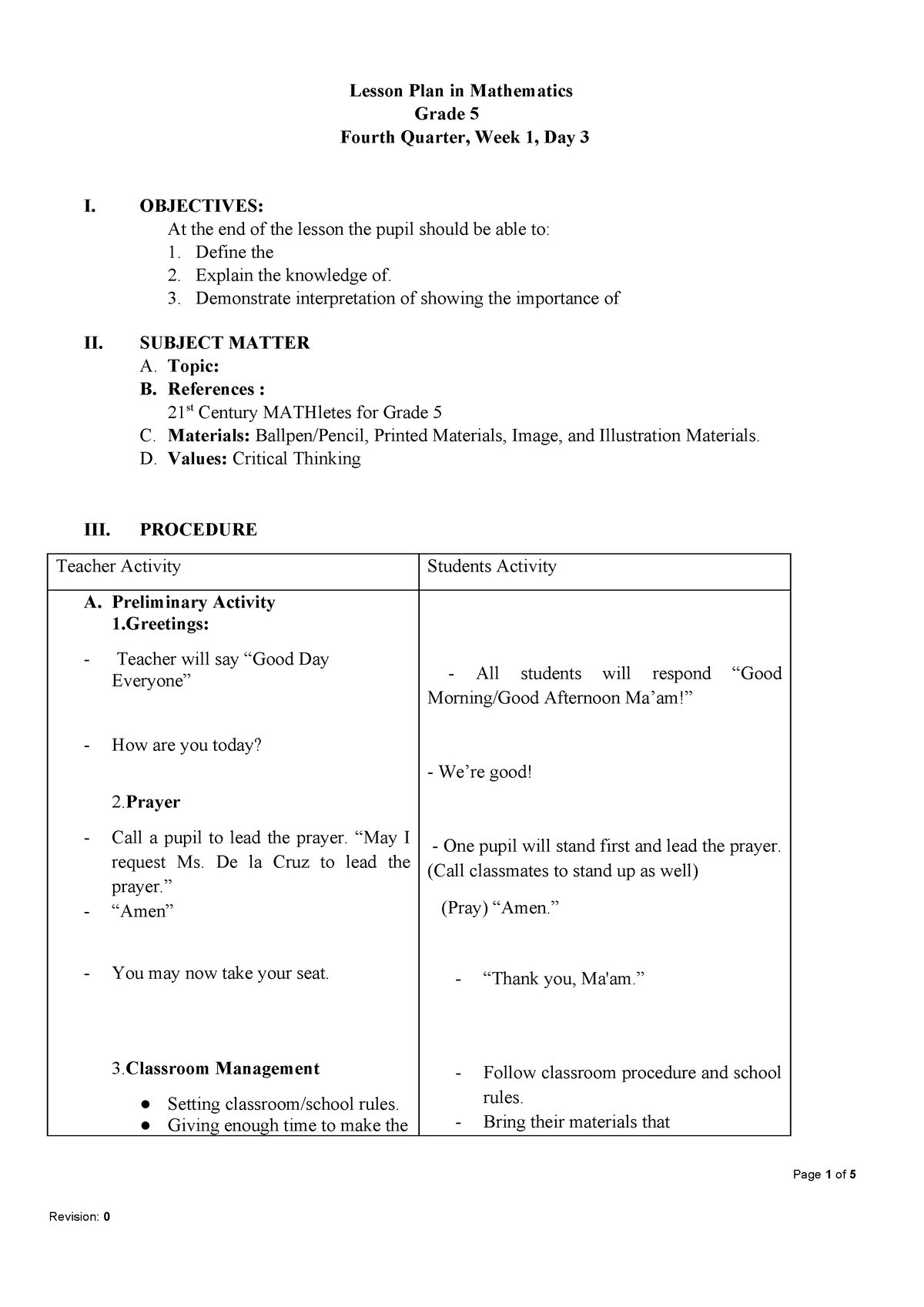 Drafts LP English - none - Lesson Plan in Mathematics Grade 5 Fourth ...