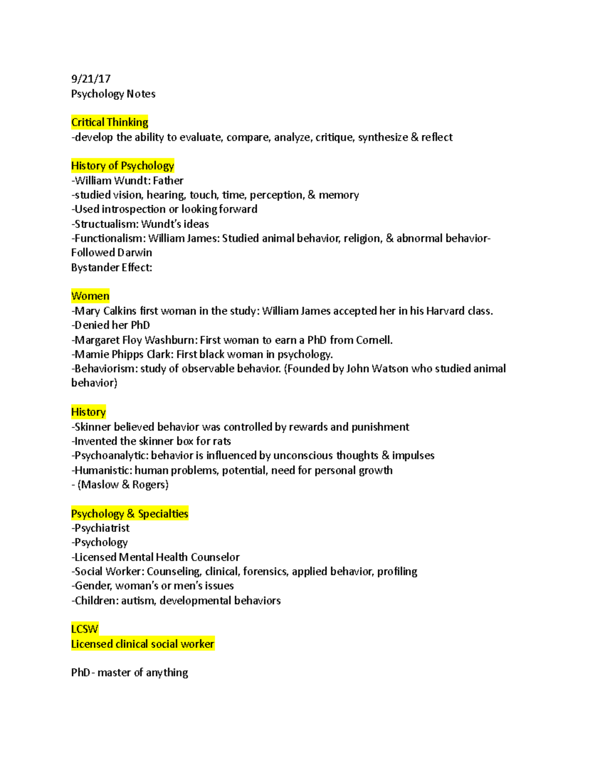 Psych Notes Spring Semester - 9/21/ Psychology Notes Critical Thinking ...