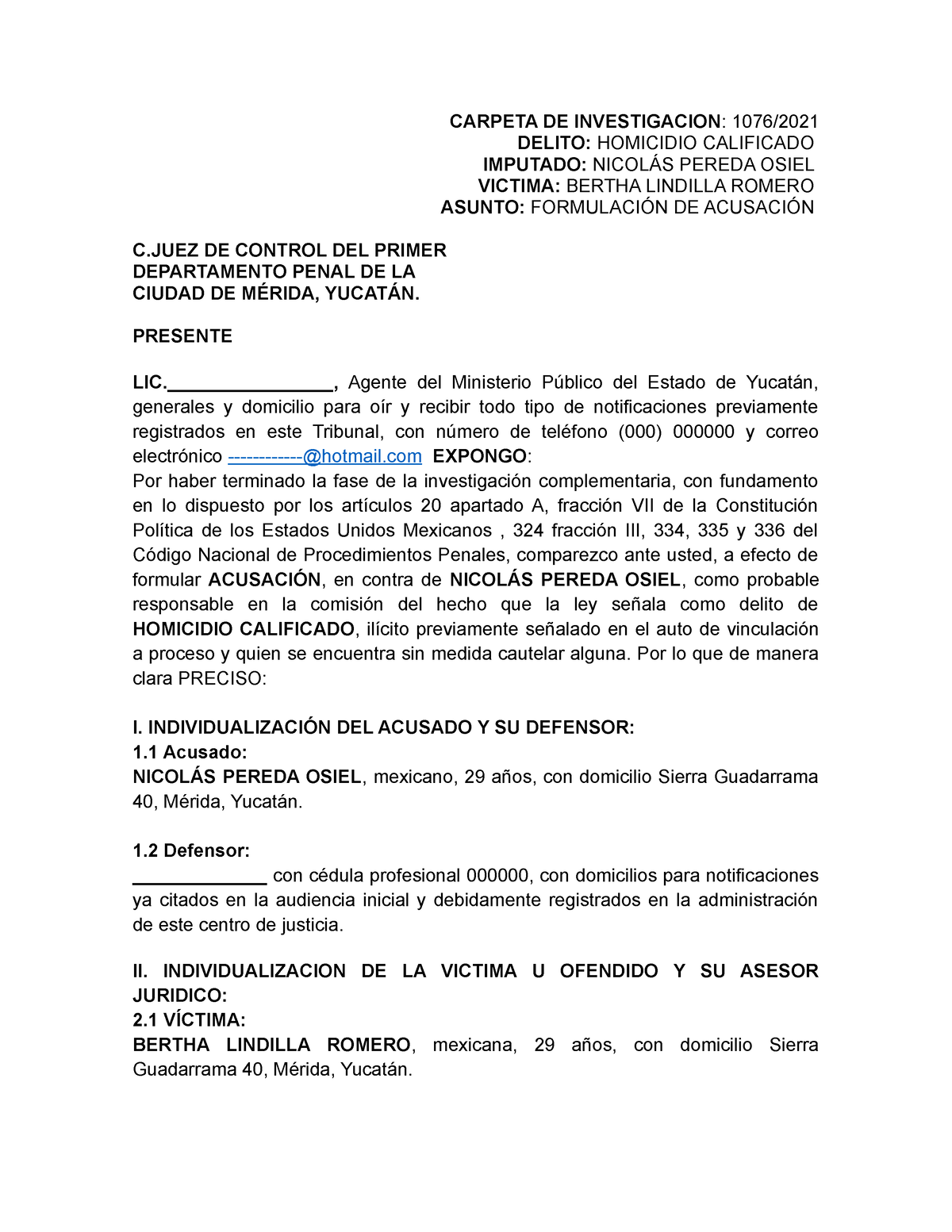 Acusación de Fiscalia - CARPETA DE INVESTIGACION: 1076/ DELITO ...