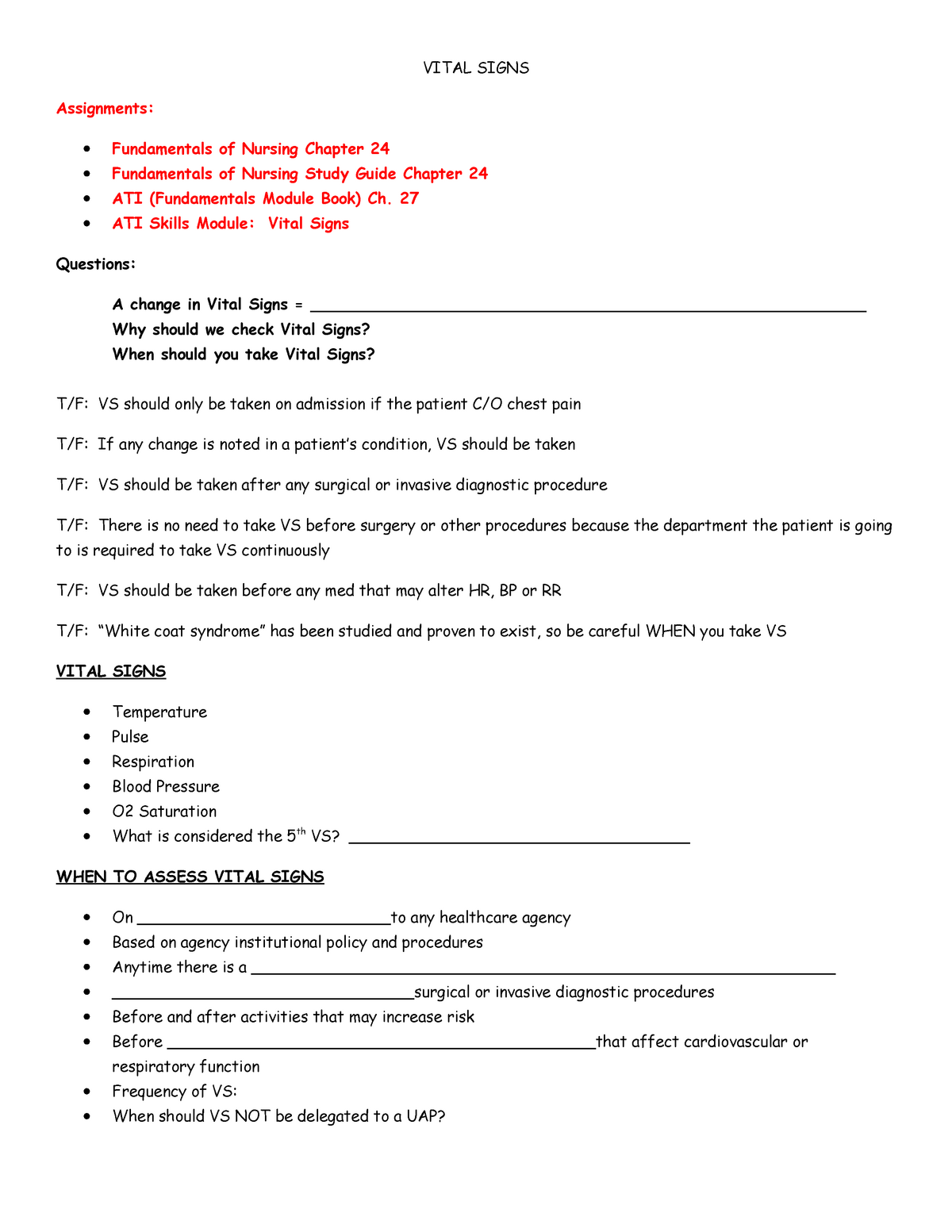 vital signs assignment in nursing