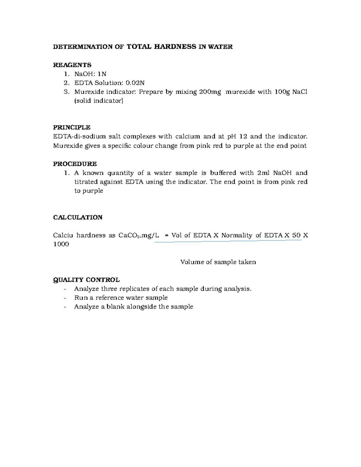Calcium Hardness seww DETERMINATION OF TOTAL HARDNESS IN WATER