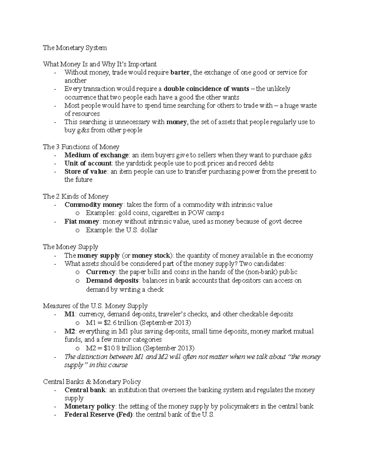 Chapter 16 Notes #1 - The Monetary System What Money Is And Why ...