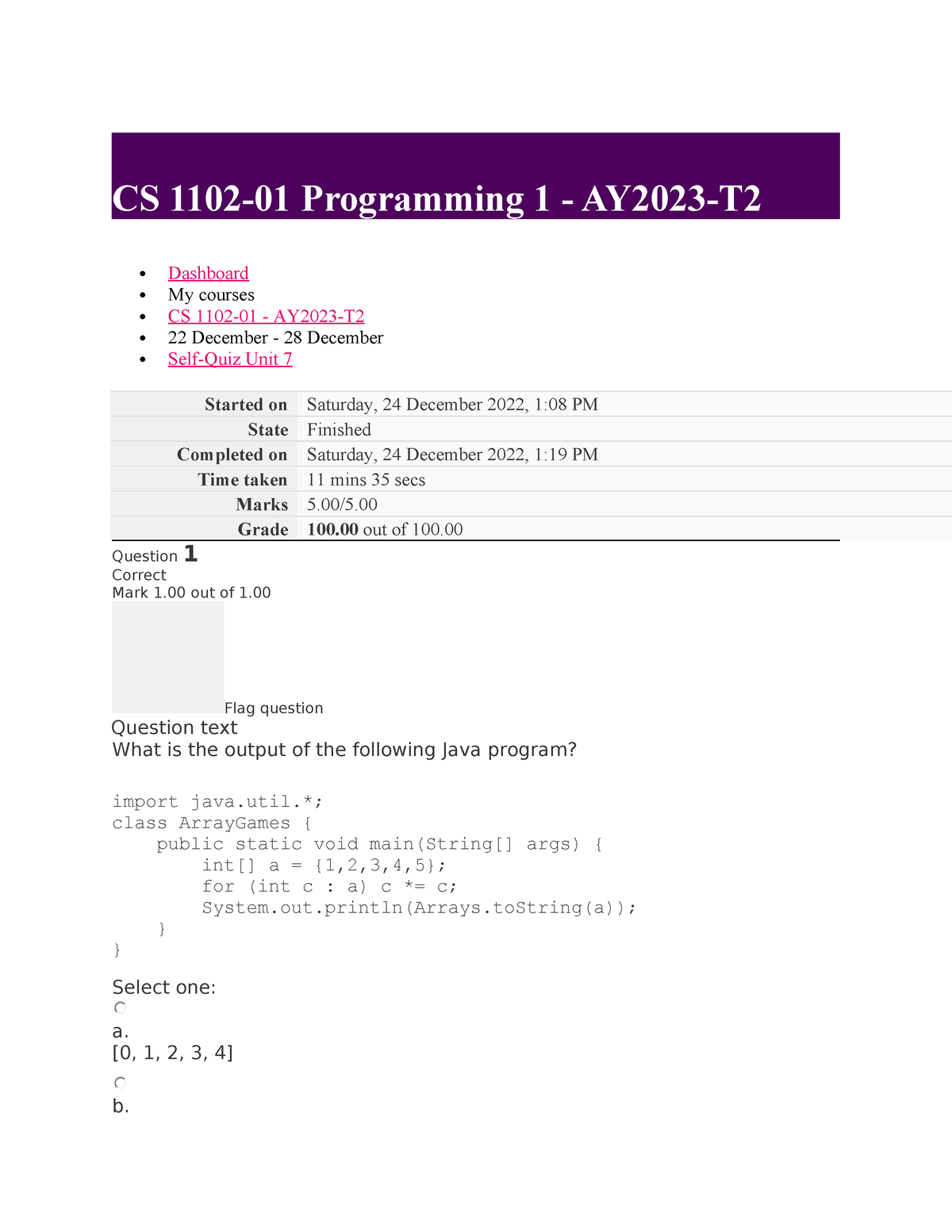 CS 1102 Self Quiz Unit 7 - Just For Assistance - CS 1102-01 Programming ...