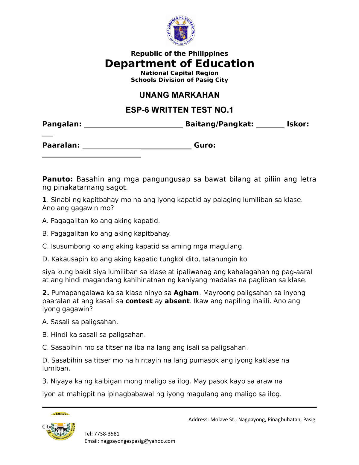 Esp 6 Q1 Written Test1 Republic Of The Philippines Department Of Education National Capital 