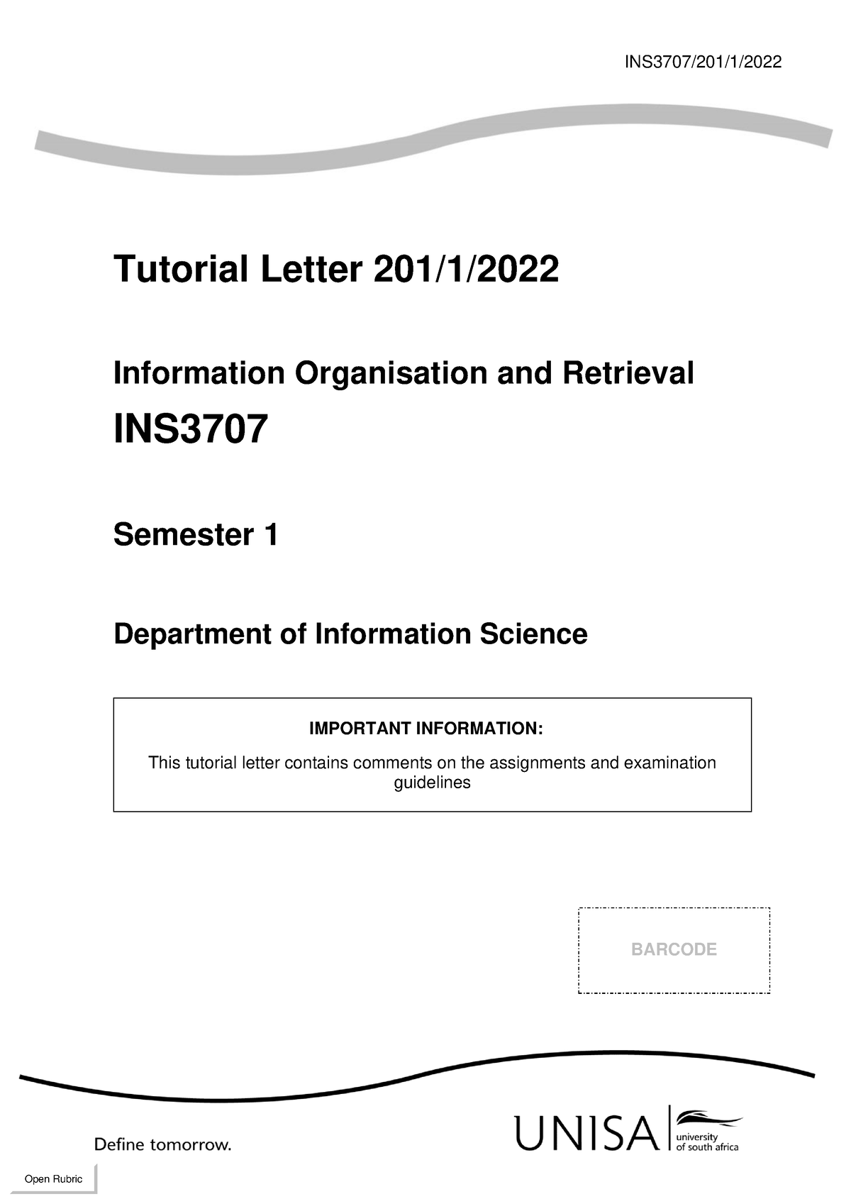 INS3707 TL201 2022 S1 - Information Organisation And Retrieval ...