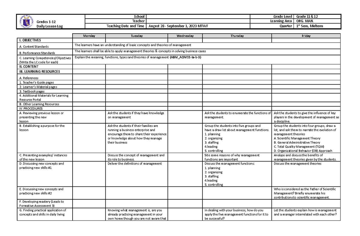 1 ORG MAN - 1 - Grades 1- Daily Lesson Log School Grade Level Grade 11 ...