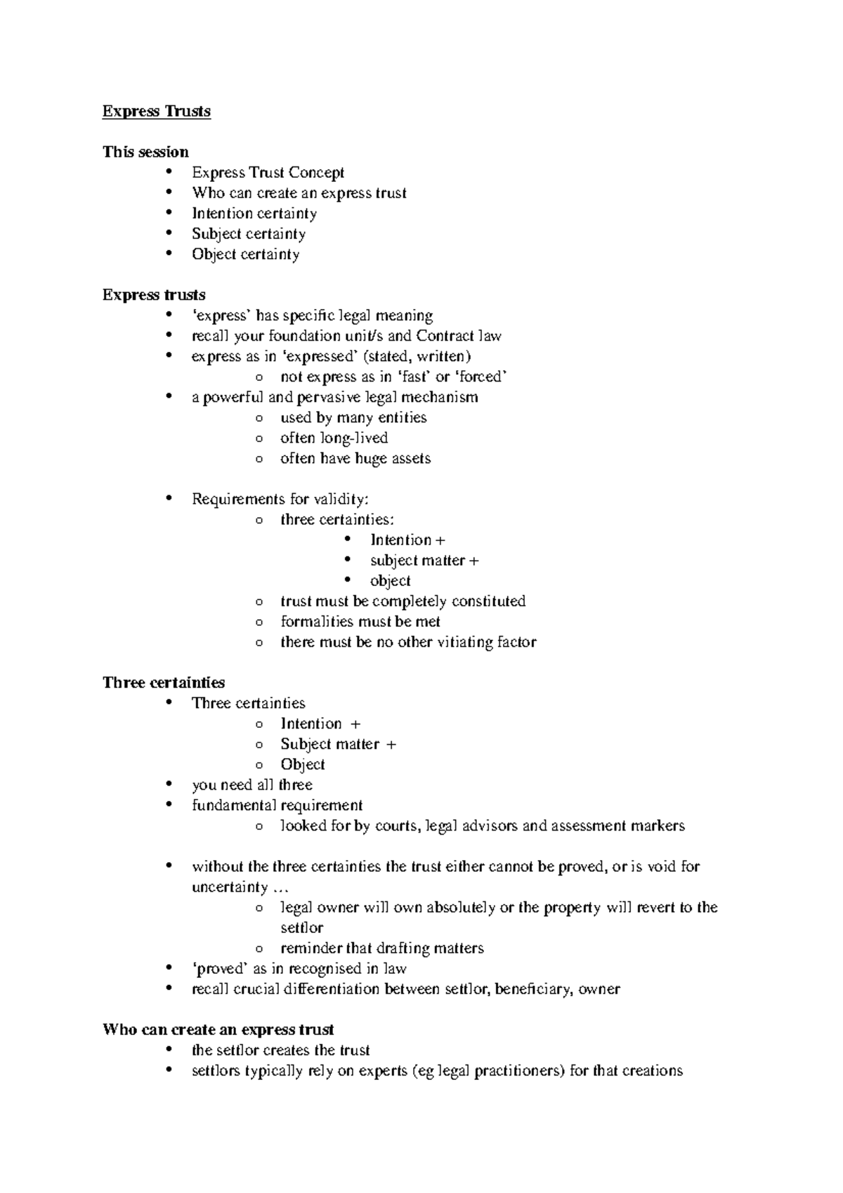 Equity-Wk10-Lect Notes - Express Trusts This session Express Trust ...