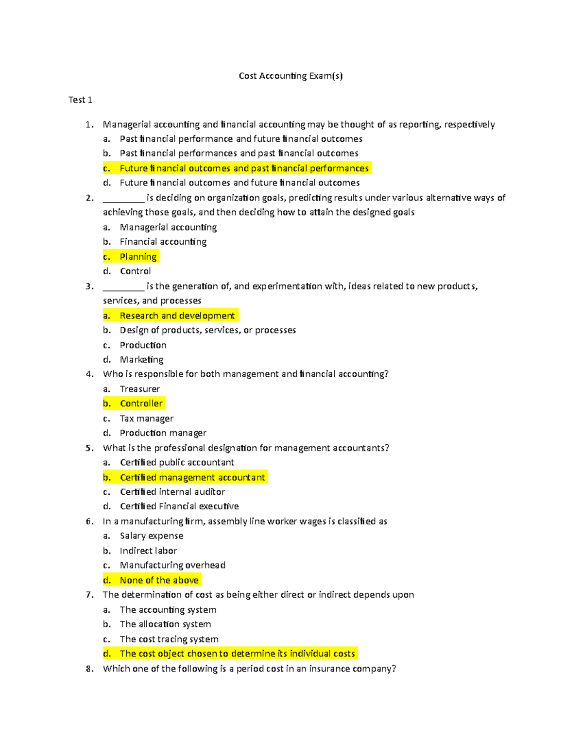 Practice exam 1 June 2017, questions and answers - Cost Accounting Exam ...