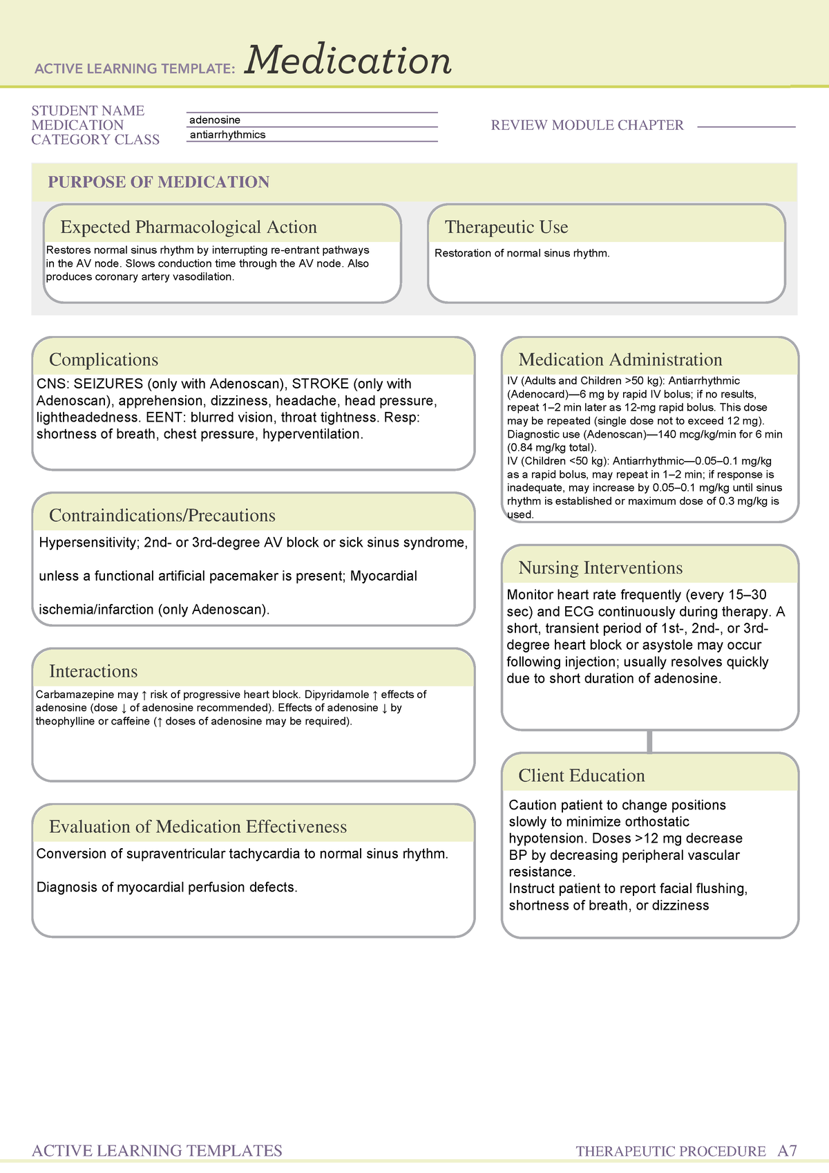 Adenosine Medication STUDENT NAME MEDICATION REVIEW MODULE CHAPTER