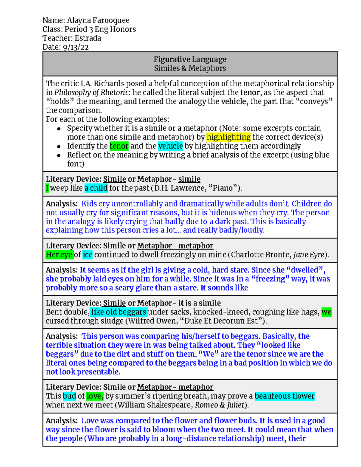 Copy of Honors - Similes and Metaphors Tenor Vehicle - Name: Alayna ...