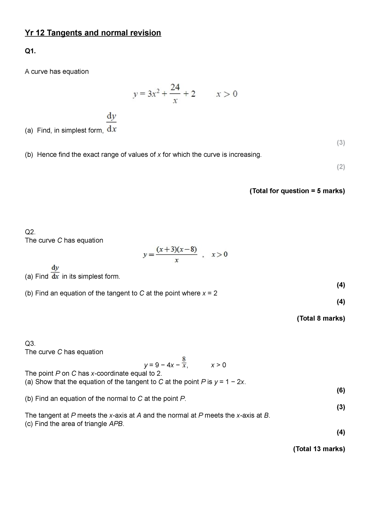 Yr 12 Differentiation tangents and normals - Yr 12 Tangents and normal ...