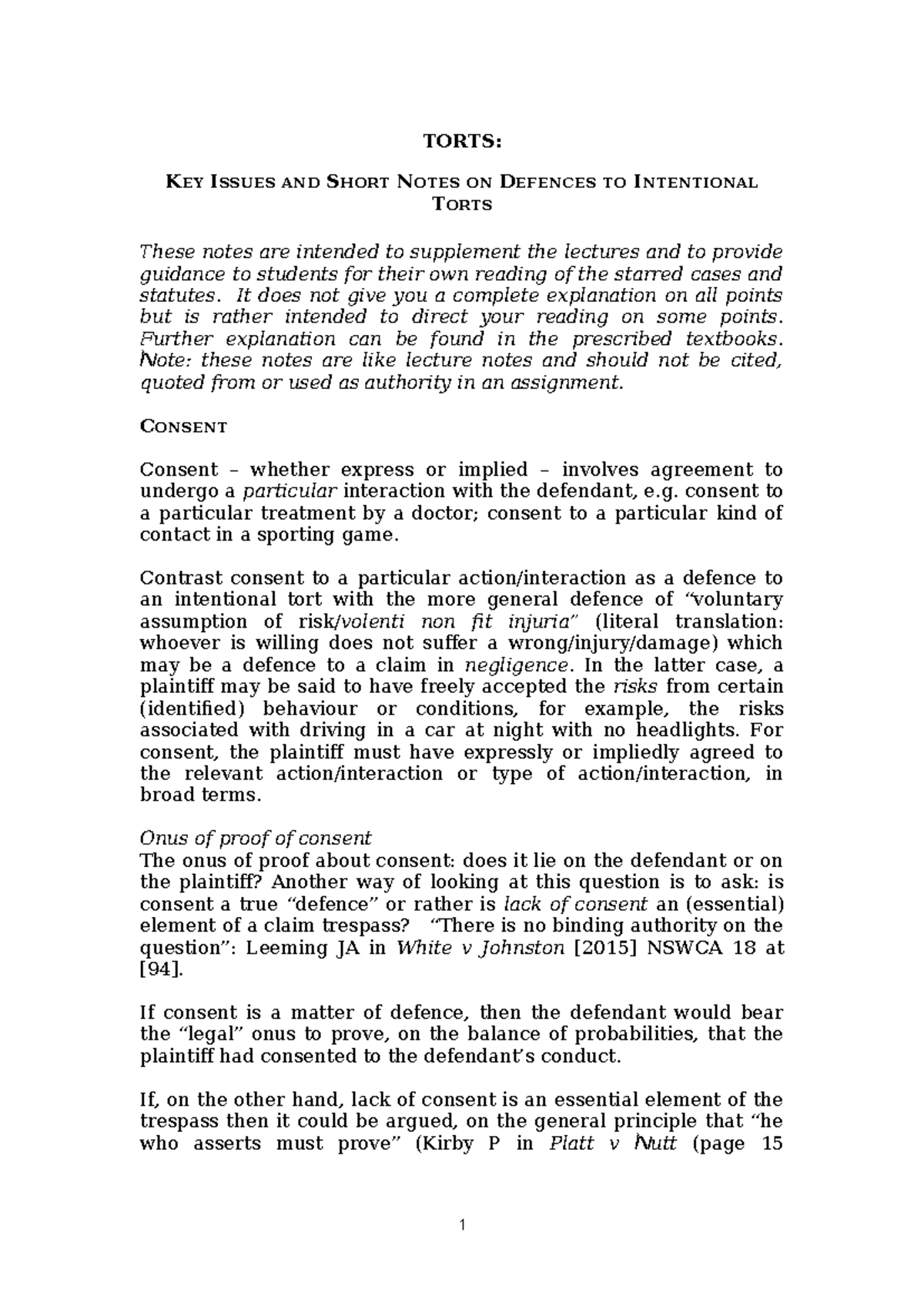 Notes on Defences to Intentional Torts - TORTS: KEY ISSUES AND SHORT ...