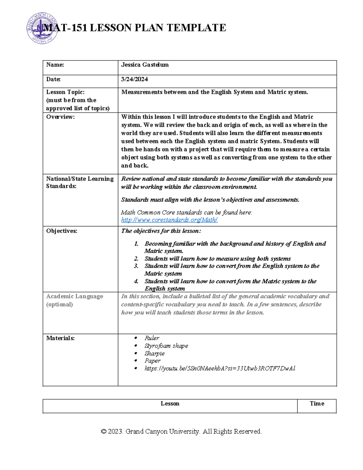 MAT-151 Lesson Plan Template - MAT-151 LESSON PLAN TEMPLATE Name ...