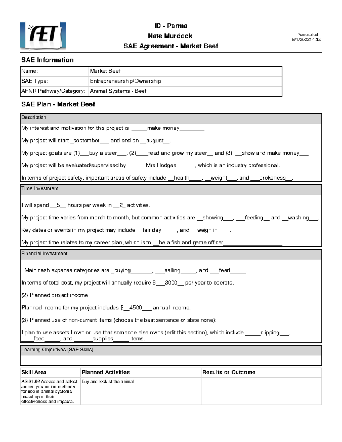 SAE Agreements - ID - Parma Nate Murdock SAE Agreement - Market Beef 9 ...