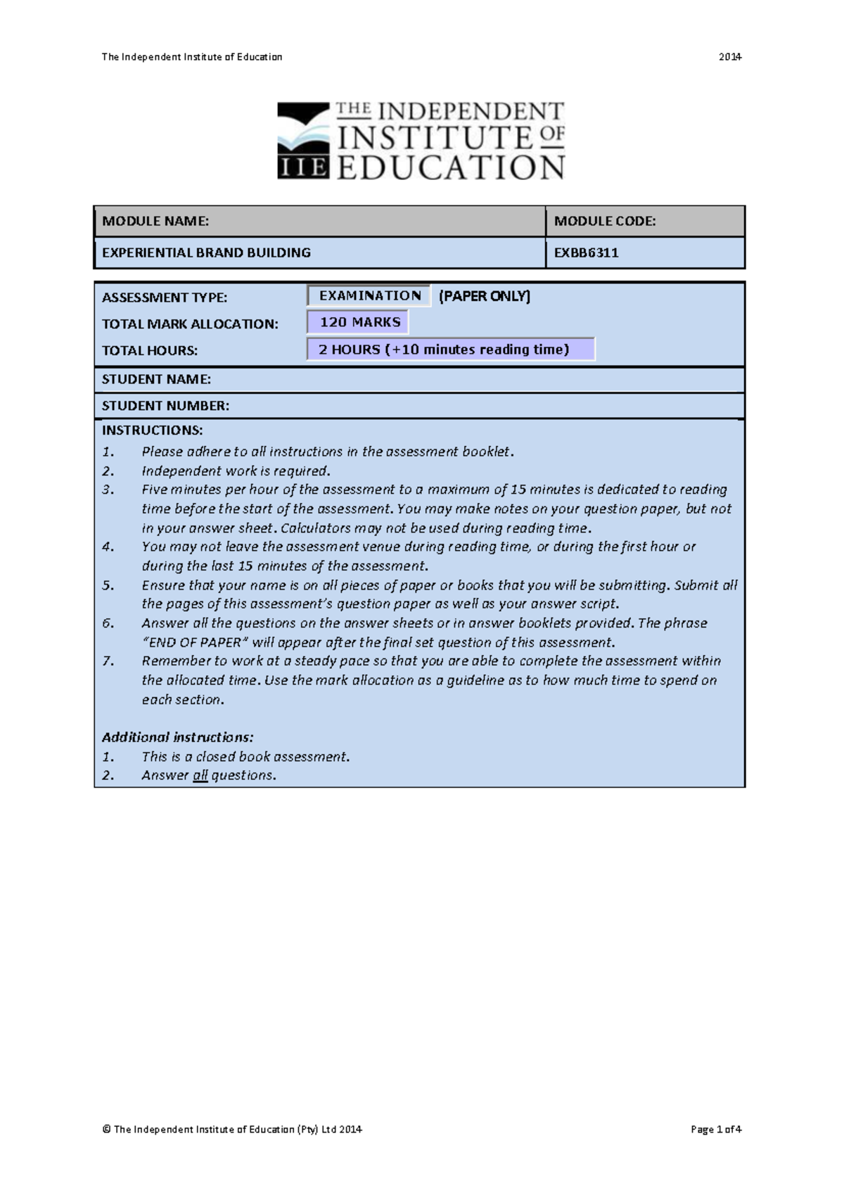 EXBB6311Ea - practice - MODULE NAME: MODULE CODE: EXPERIENTIAL BRAND ...